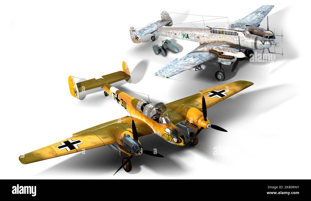 Viste dettagliate di due diverse versioni dell'aereo da combattimento pesante tedesco Bf110 utilizzato durante la seconda guerra mondiale. Foto Stock