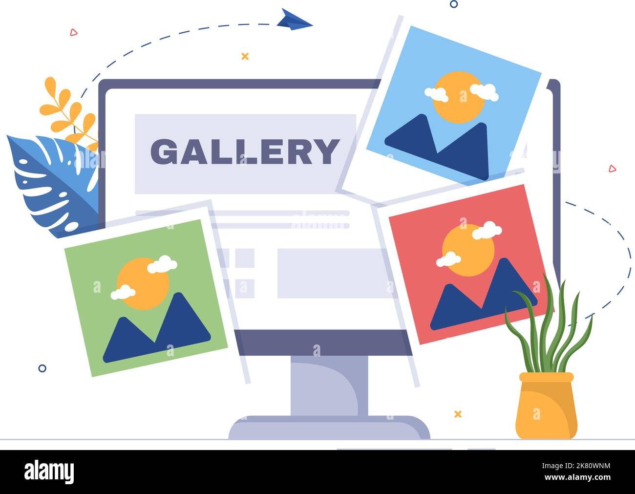 Galleria di foto sull'app mobile e file sul computer contenente immagini, documenti o video in un'illustrazione del modello di mano di Cartoon in stile piatto Illustrazione Vettoriale
