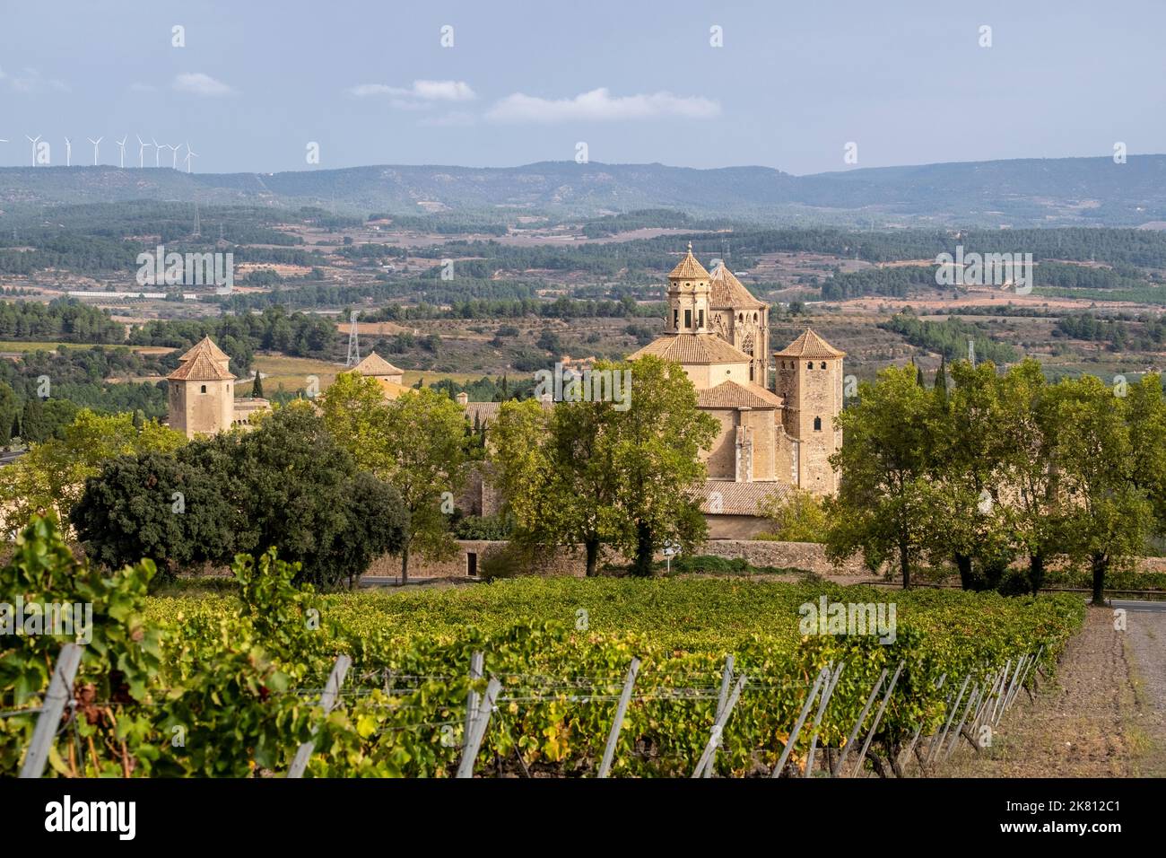 Vista panoramica del monastero reale di Santa Maria de Poblet dell'ordine cistercense circondato da vigneti all'inizio dell'autunno a Tarragona in Spagna Foto Stock