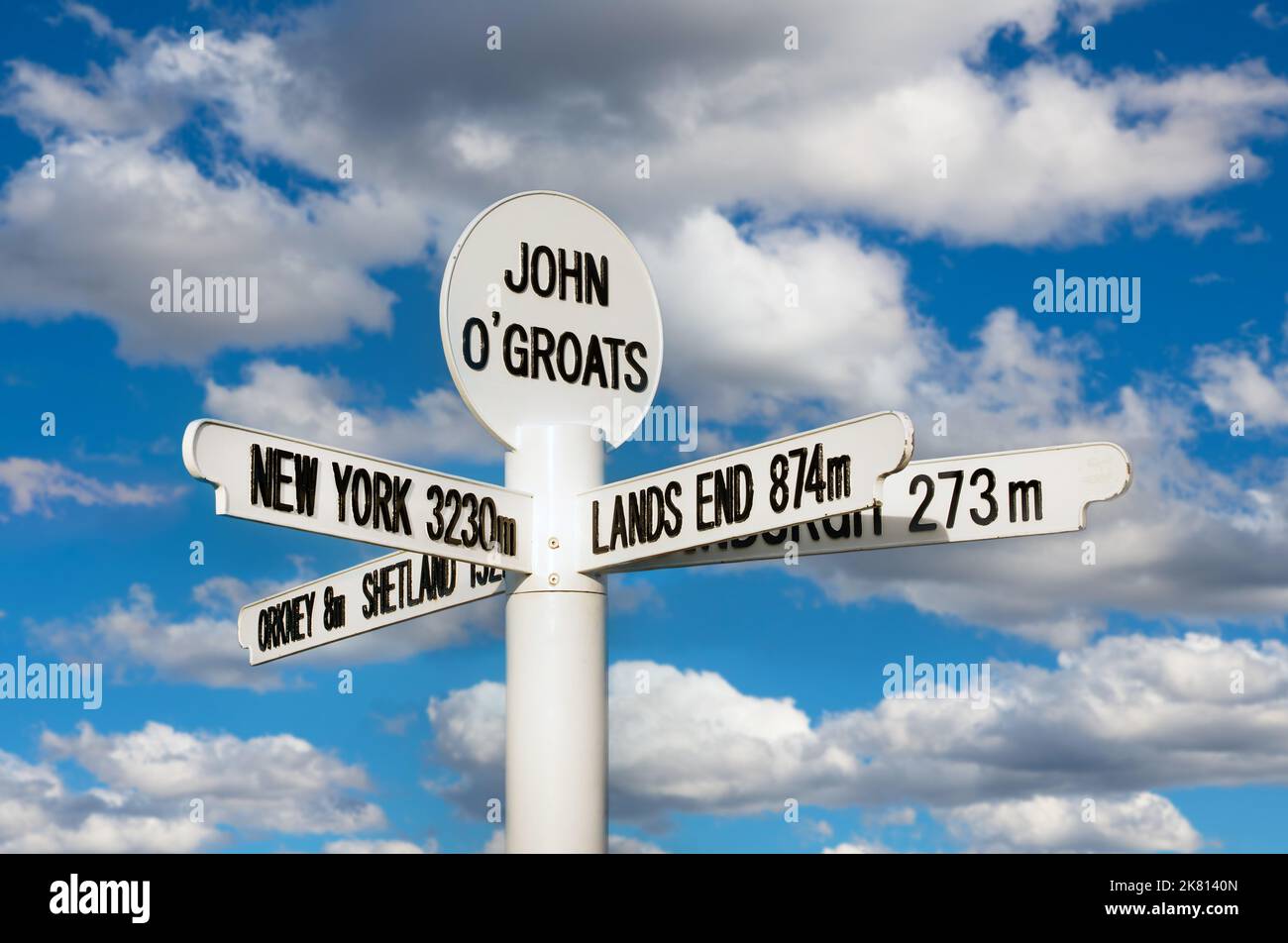 Il famoso cartello di John o' Groats in Caithness, Scozia settentrionale Foto Stock