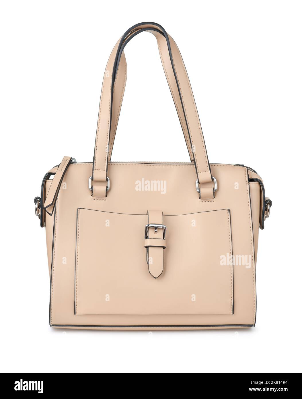 Vista frontale della borsa in pelle beige isolata sul bianco Foto Stock