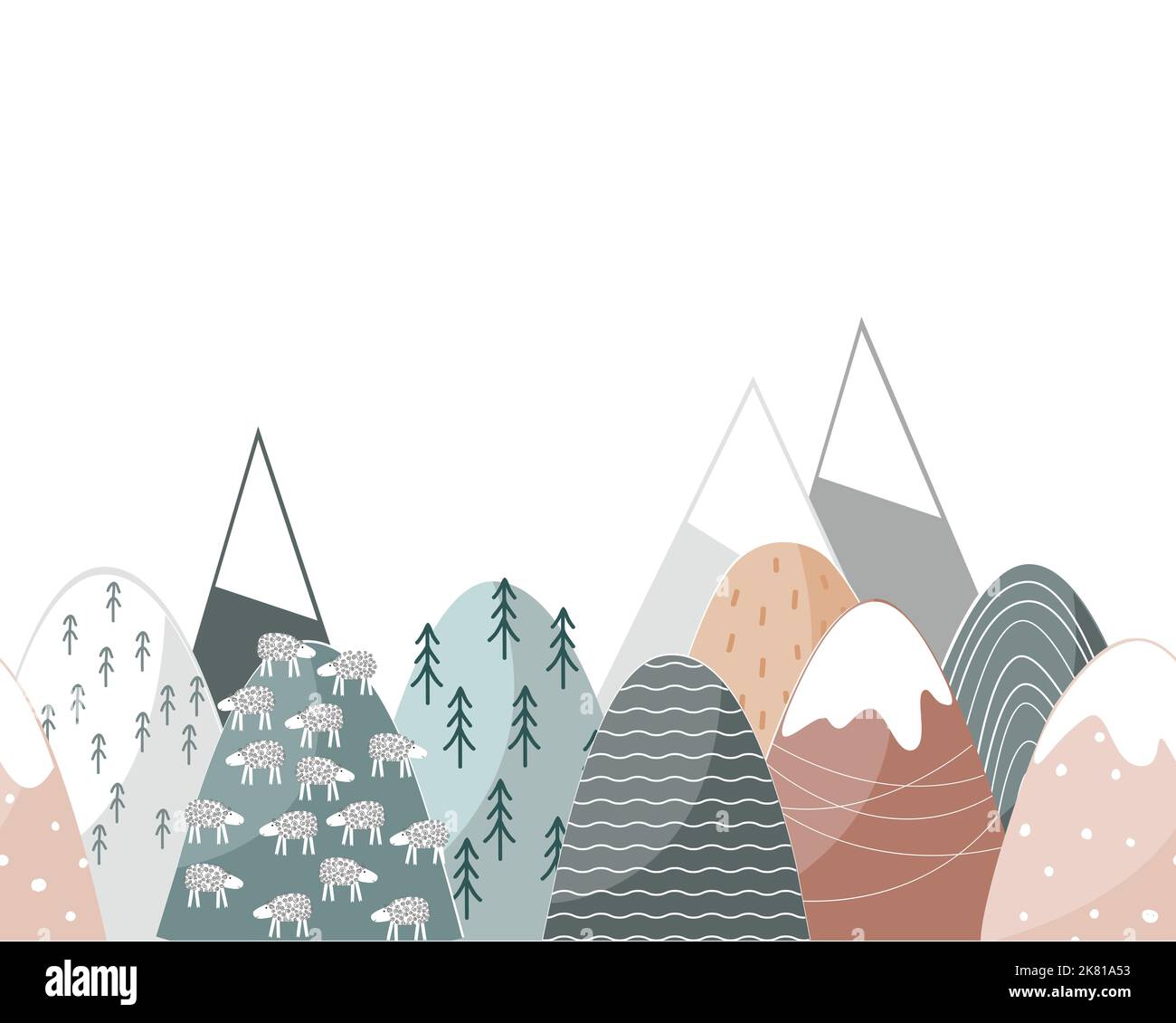 Carino contorno senza cuciture con montagne disegnate a mano doodle. Fantasia creativa per bambini tessuti, tessuti, decorazioni, sfondi. Cartone animato moderno Illustrazione Vettoriale