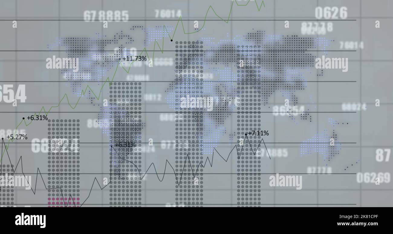 Immagine dell'elaborazione dei dati finanziari e dei numeri che cambiano sulla mappa del mondo Foto Stock
