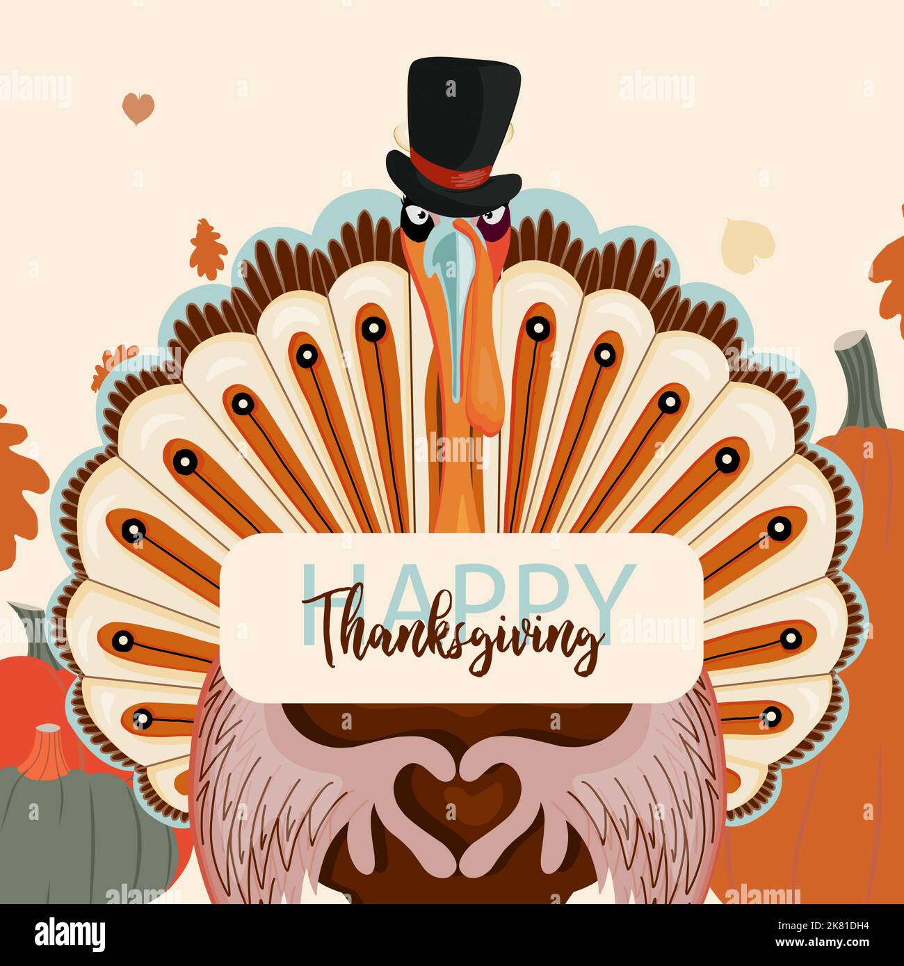 Poster per il personaggio del giorno del Ringraziamento. Vacanze autunnali con cena in famiglia. Turchia. Illustrazione Vettoriale