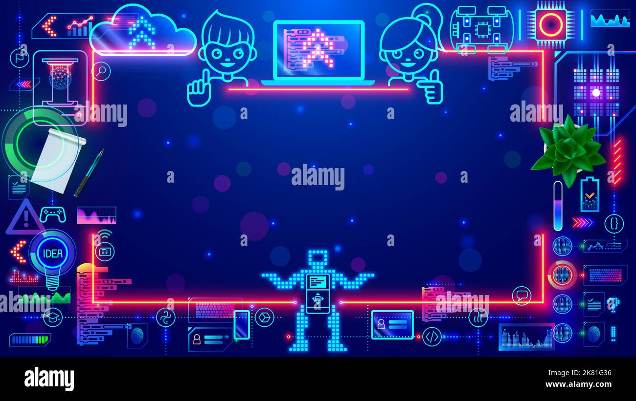 Cornice in stile elettronico per bambini educativi. Pedia computer online apprendimento STEM soggetti. Bordo vuoto con scarabei tecnologici in stile anni dell'adolescenza. Ragazzo Illustrazione Vettoriale