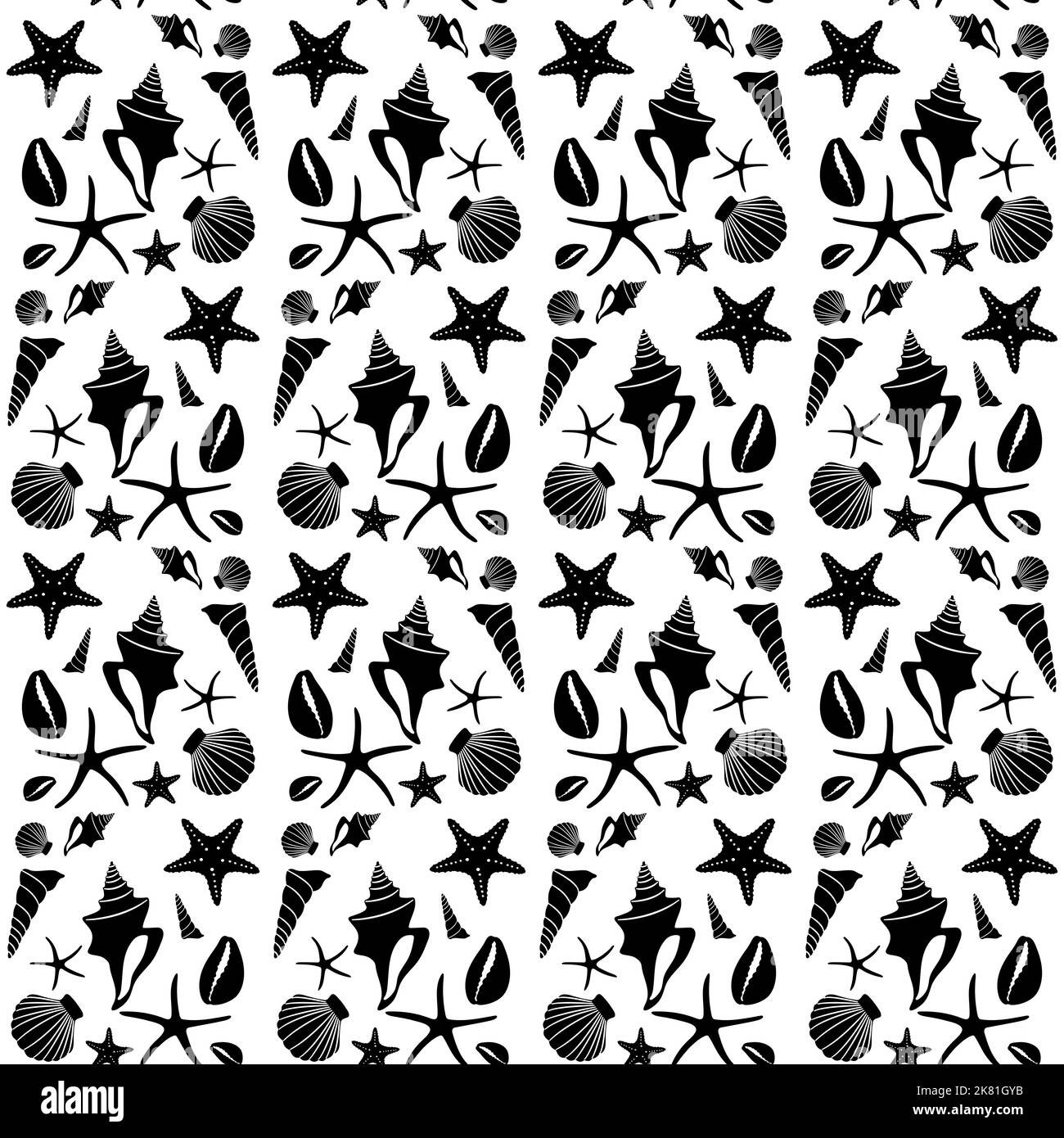 Motivo boho senza cuciture con conchiglie monocromatiche e stelle marine Illustrazione Vettoriale