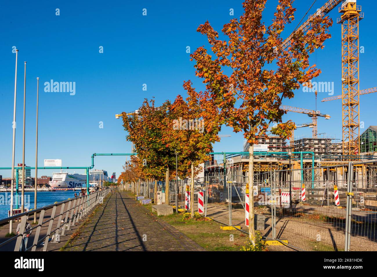 Kaieler Hafen bei herrlichem, Sonnenschein mit Blick auf die Neubauten mit Wohn- und Bürogebäuden am Ostufer der Kieler Förde Bäume mit herbstlichem la Foto Stock