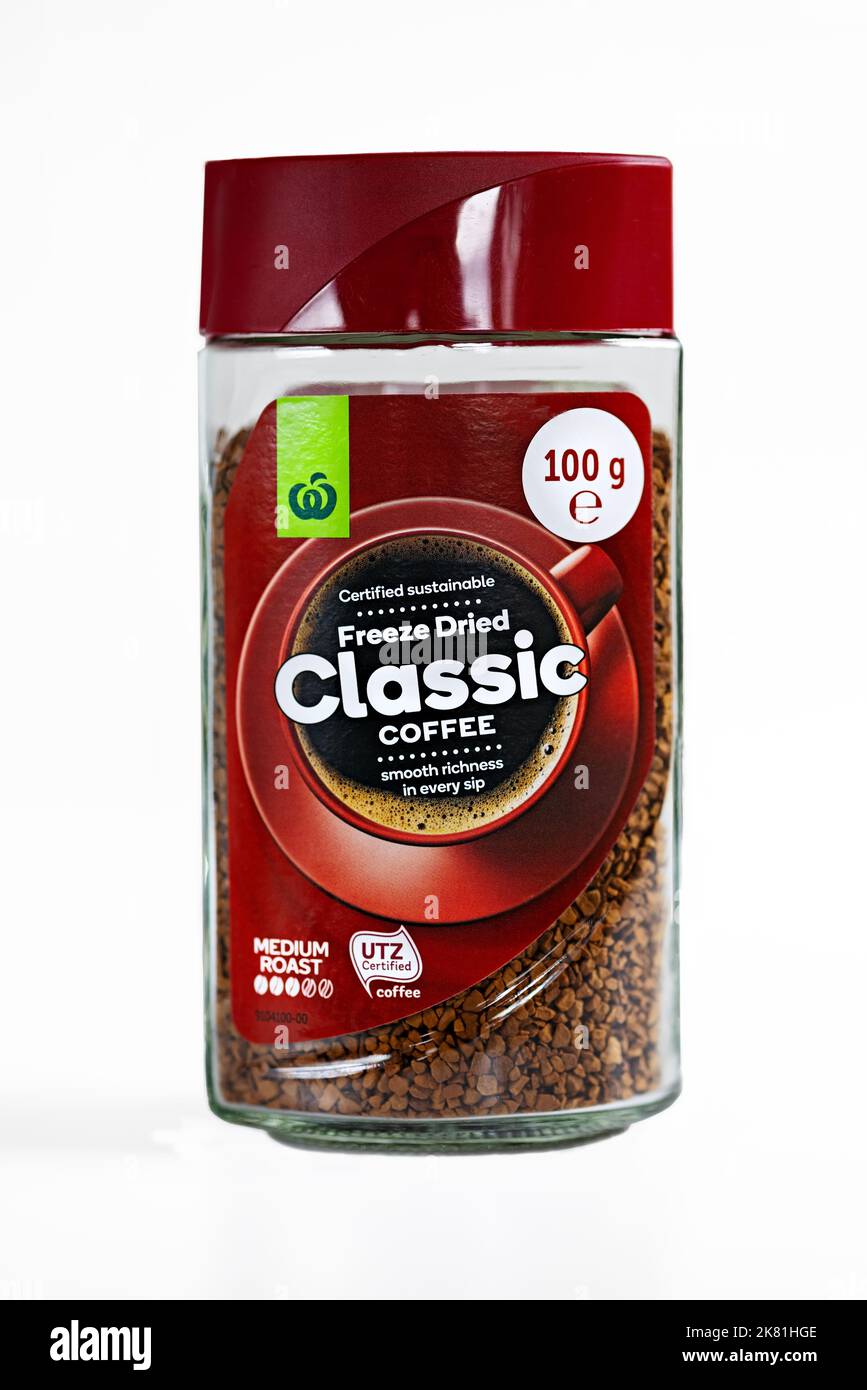 Cibo / un vasetto di Woolworths Brand Coffee, liofilizzato e mediamente arrostito. Foto Stock