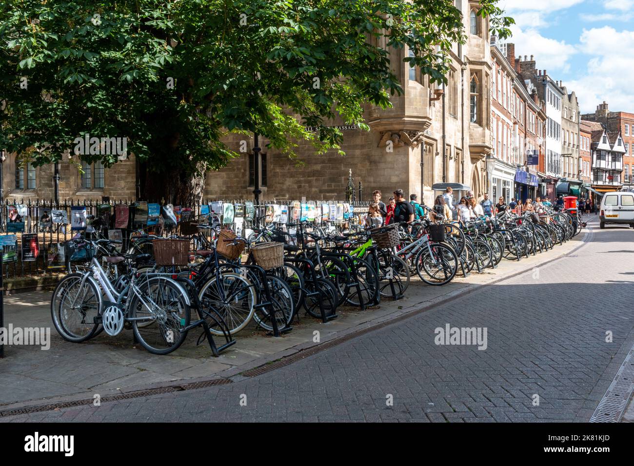 La moto molto affollata si trova all'ombra di un albero su St Johns Street, Cambridge, Regno Unito, e' completamente piena di molte biciclette. Foto Stock