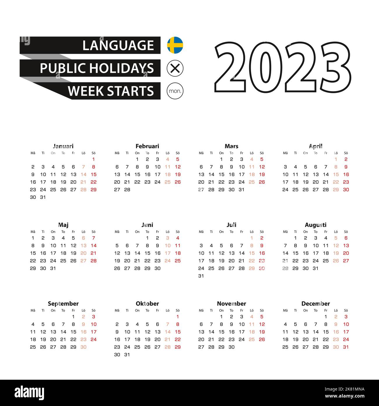 Calendario 2023 in lingua svedese, la settimana inizia il lunedì. Calendario vettoriale 2023 anno. Illustrazione Vettoriale