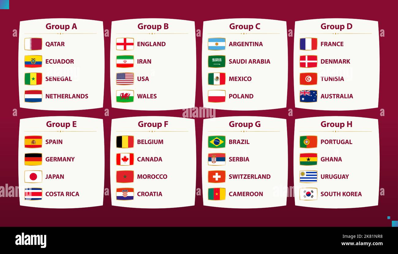 World football 2022 bandiere partecipanti ordinate in gruppi. Raccolta flag. Illustrazione Vettoriale