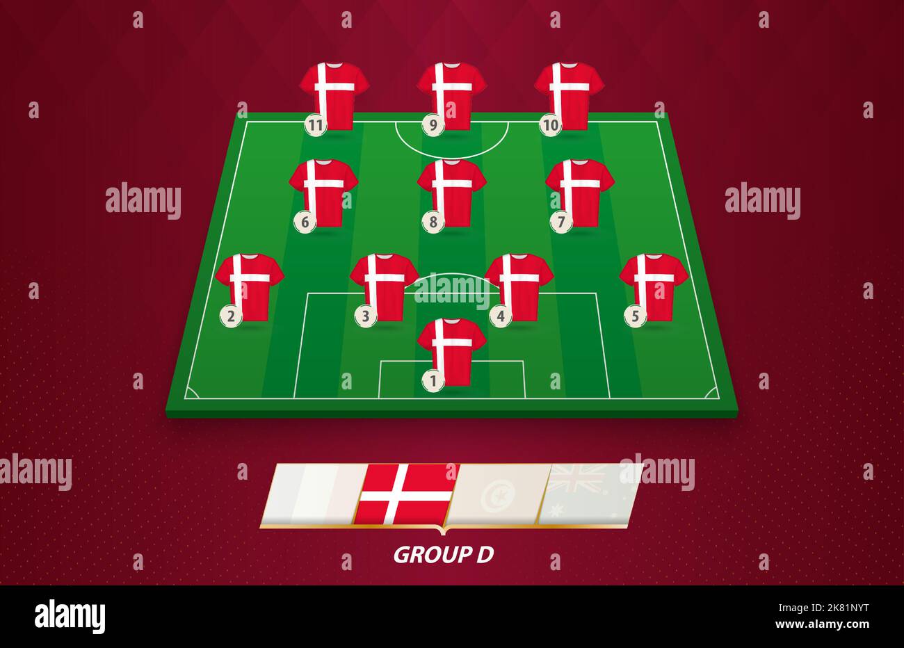 Campo di calcio con la squadra danese per la competizione europea. Giocatori di calcio su un campo di calcio a metà. Illustrazione Vettoriale