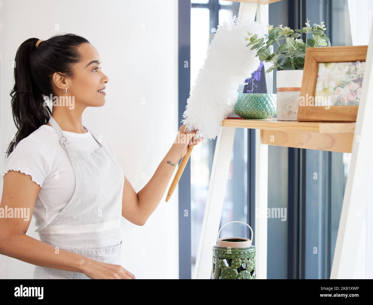 La polvere sia andata. Una giovane donna attraente che si alza da sola nella sua casa e spolvera le sue mensole. Foto Stock