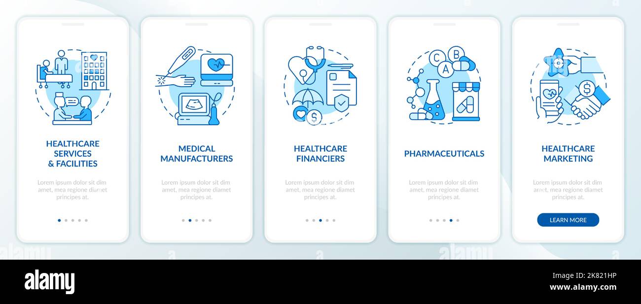 Segmenti chiave del settore sanitario schermata blu dell'app mobile di onboarding Illustrazione Vettoriale