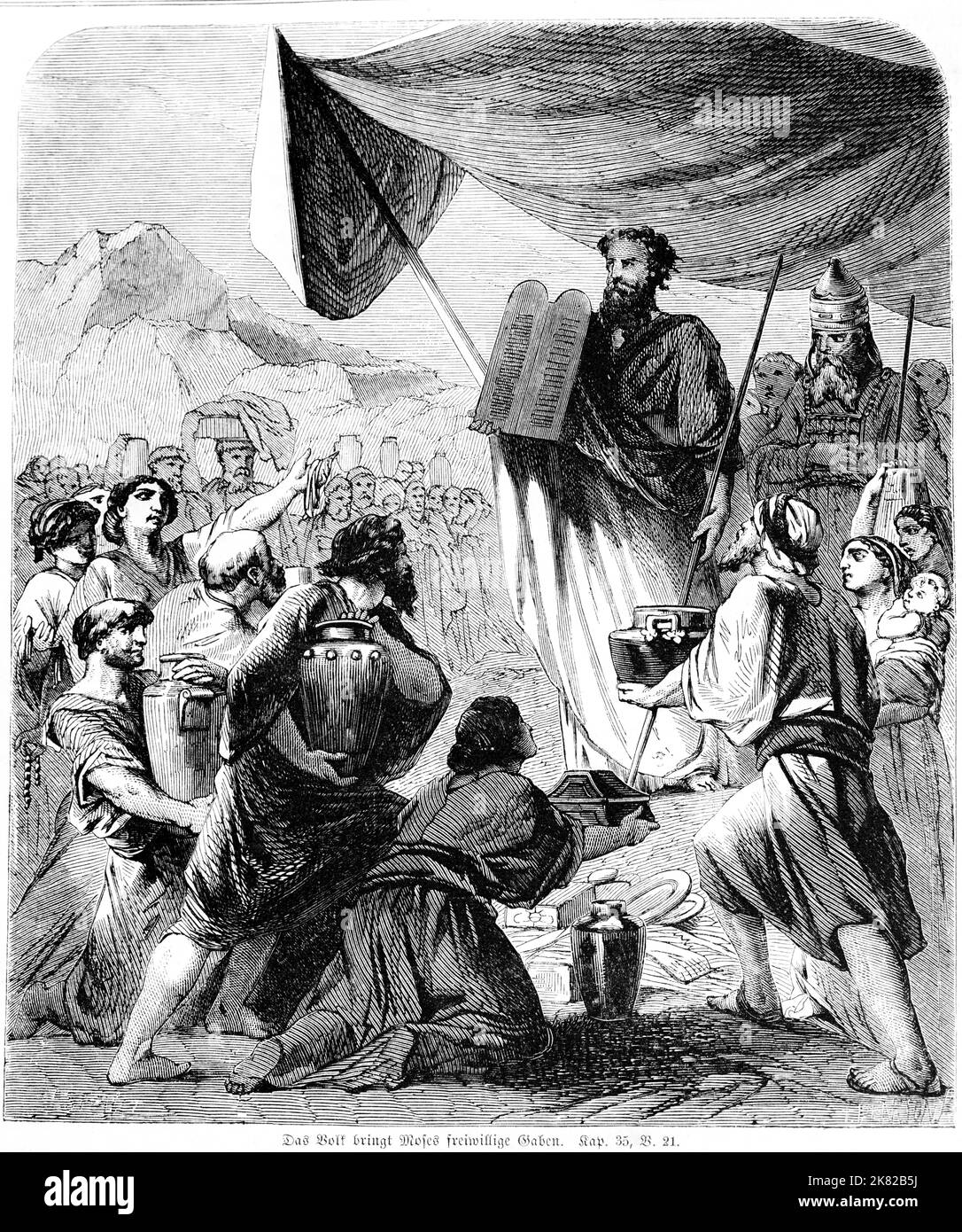 La gente dà volontariamente regali a Mosè, Bibbia, Antico Testamento, secondo Libro di Mosè, Genesi, Illustrazione storica 1850 Foto Stock