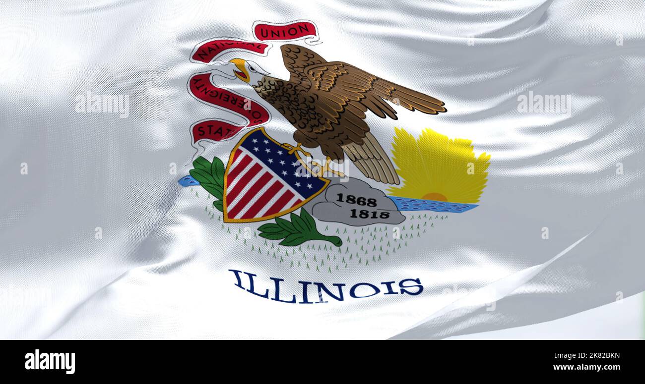 Vista ravvicinata della bandiera dello stato dell'Illinois che sventola nel vento in una giornata limpida. Illinois è uno stato nel Midwest degli Stati Uniti. Bandiera dello stato degli Stati Uniti. 3D ren Foto Stock