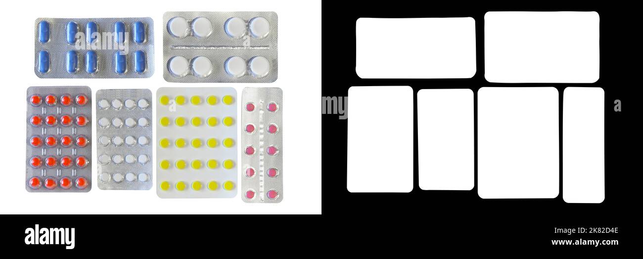 Pillole di diversi colori in blister, isolato su sfondo bianco con maschera di ritaglio e percorso Foto Stock