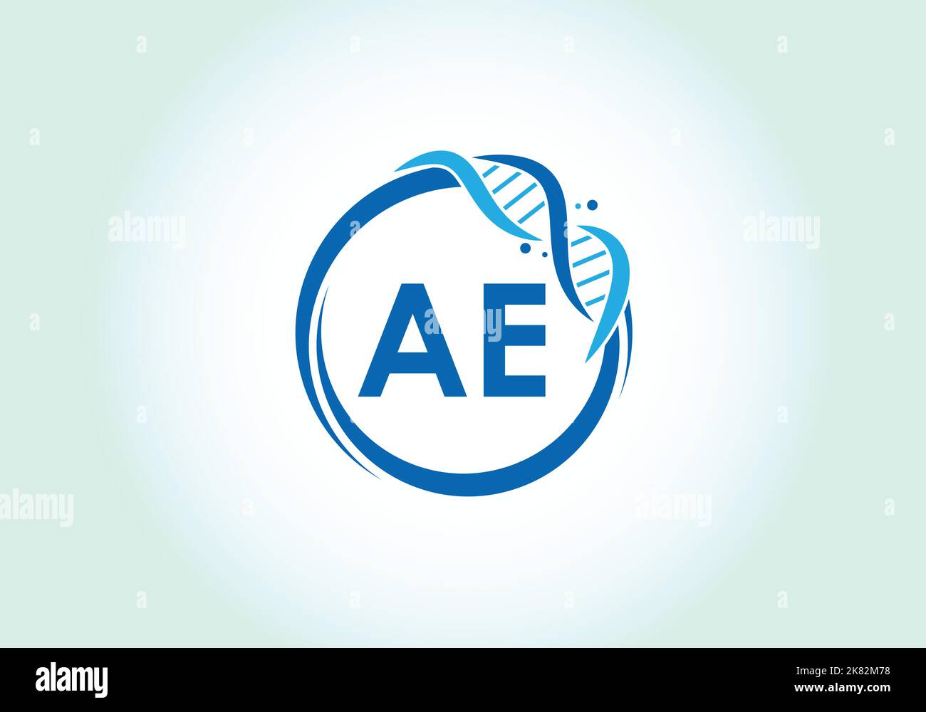 Lettera AE monogramma alfabeto in cerchio con DNA. Genetics logo design concetto. Emblema del carattere. Logo vettoriale moderno Illustrazione Vettoriale