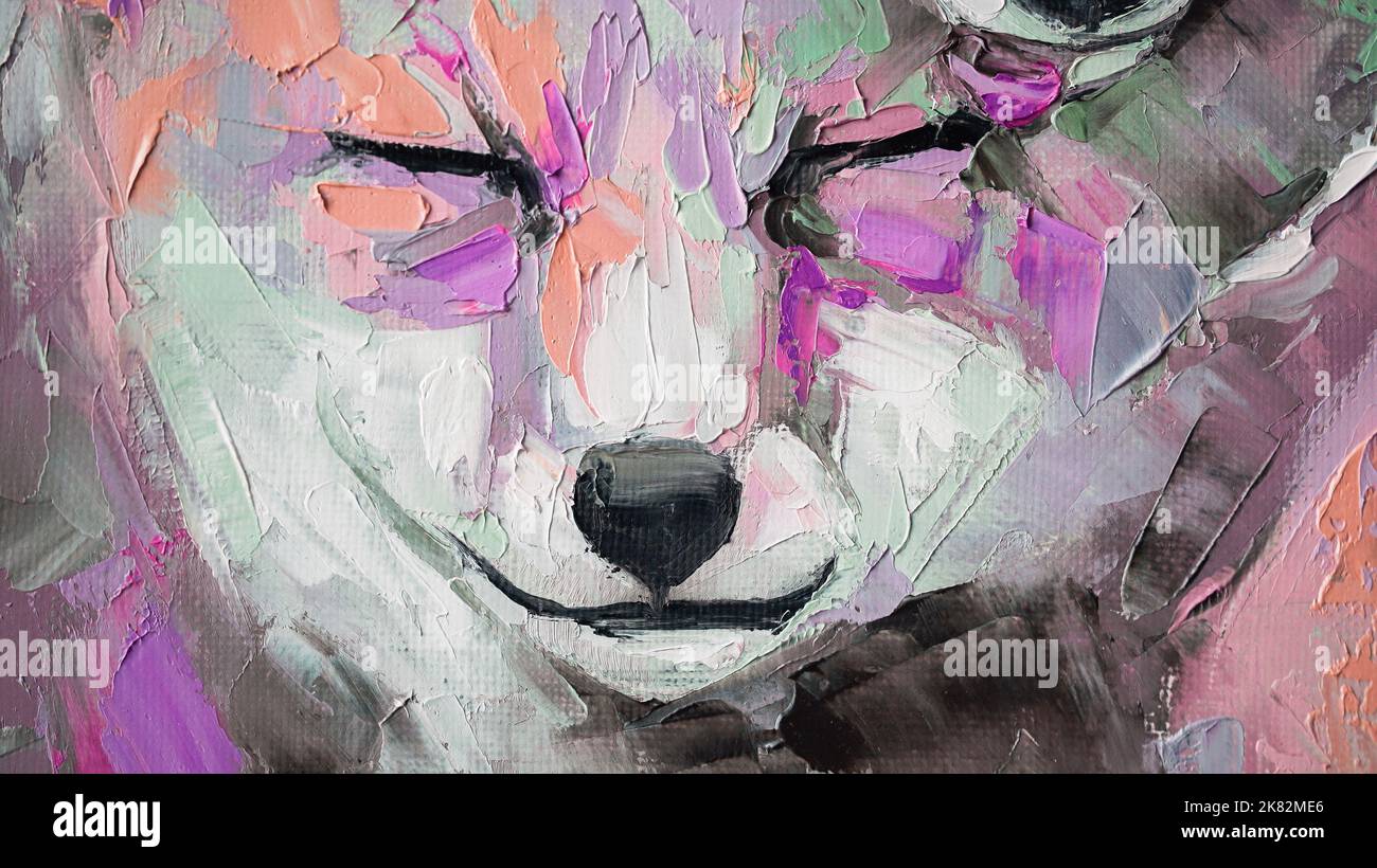 Dipinto a olio di volpe in tonalità multicolore. Pittura astratta concettuale di una museruola fennec. Primo piano di un dipinto con olio e coltello tavolozza su Foto Stock