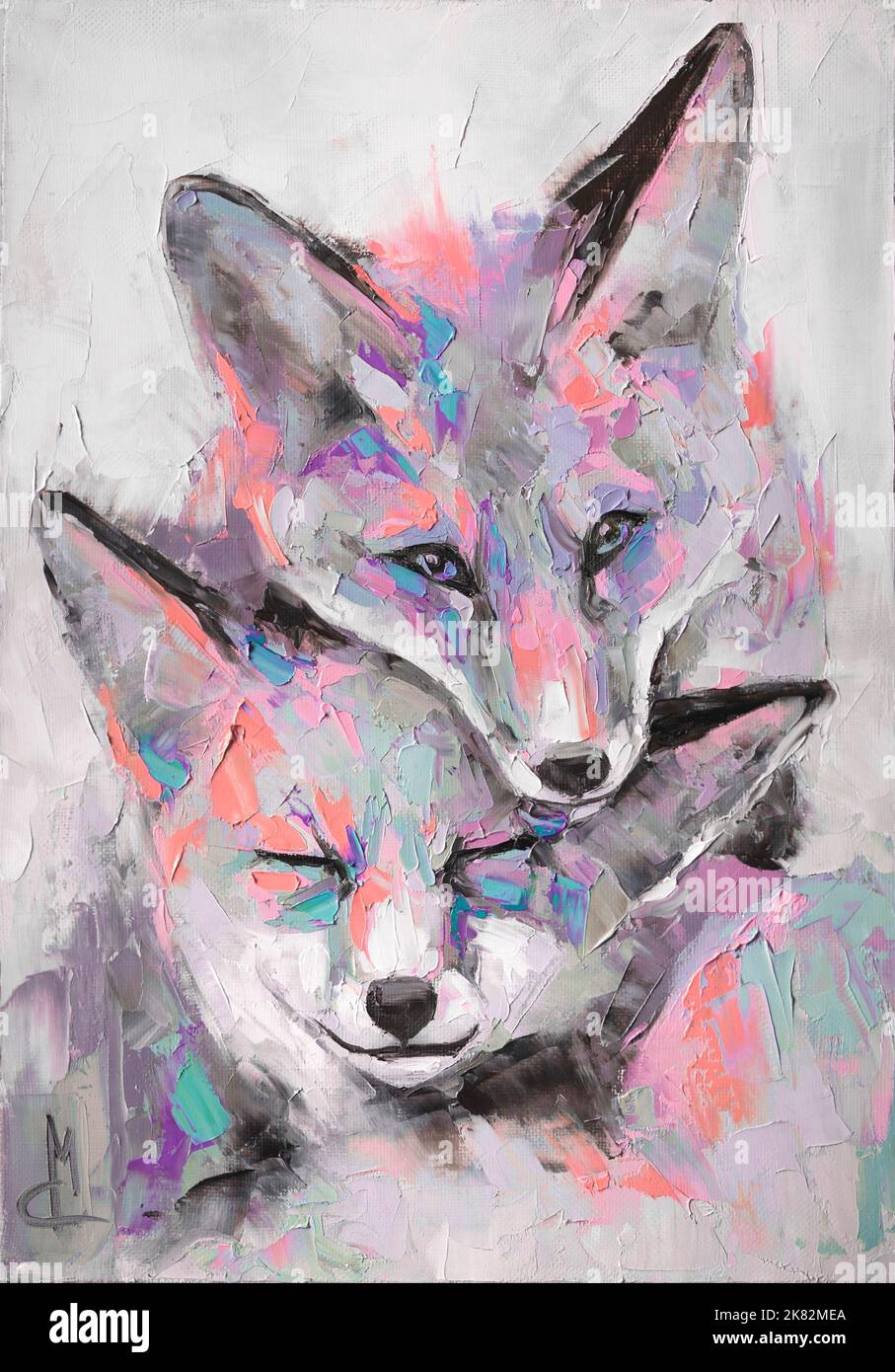 Dipinto a olio di volpe in tonalità multicolore. Pittura astratta concettuale di una museruola fennec. Primo piano di un dipinto con olio e coltello tavolozza su Foto Stock