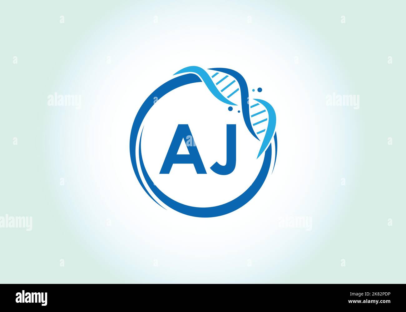 Lettera AJ alfabeto monogramma in un cerchio con DNA. Genetics logo design concetto. Emblema del carattere. Logo vettoriale moderno Illustrazione Vettoriale