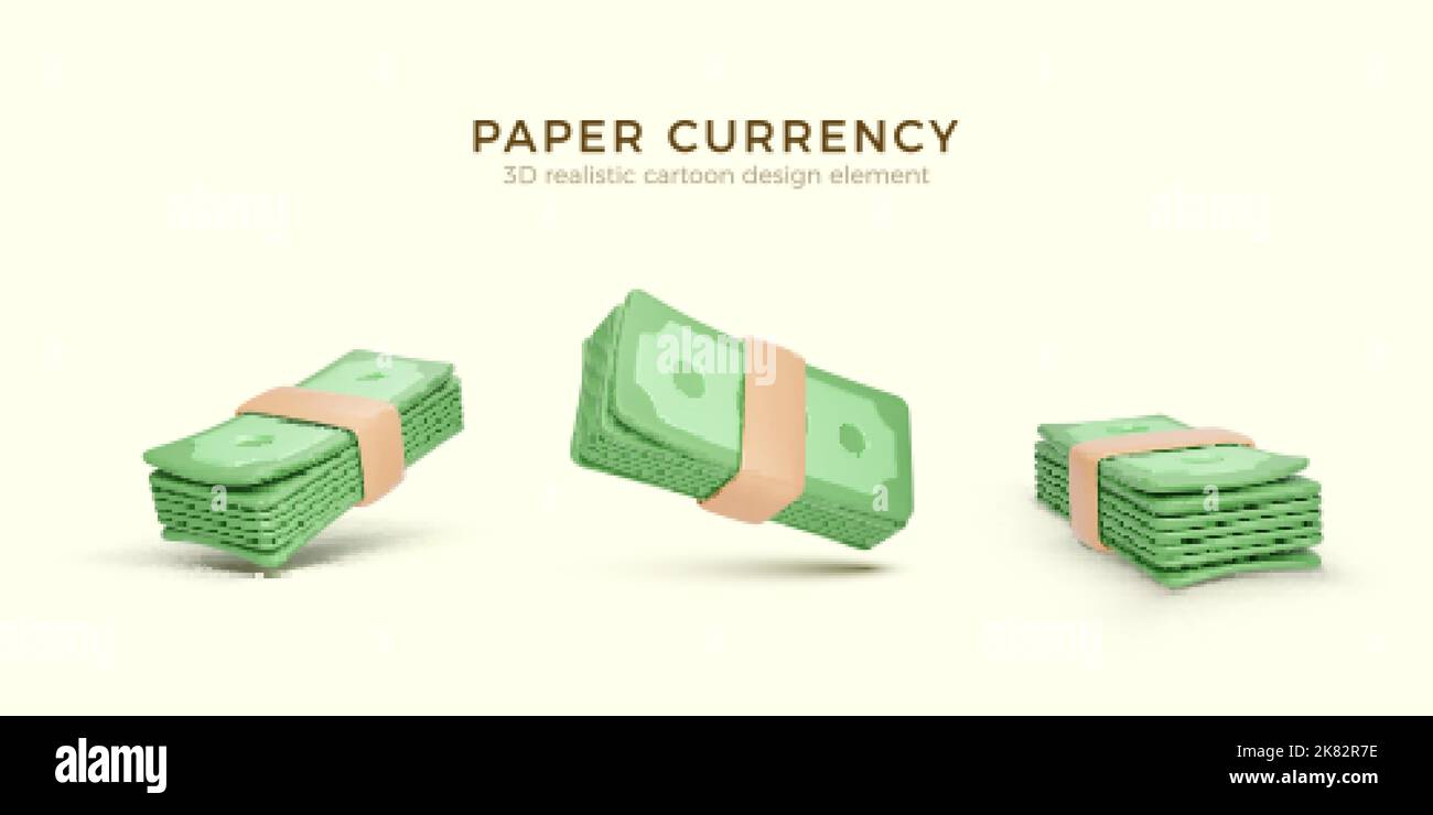 Confezione di valuta su carta verde. Set di 3D stack di rendering in dollari USA. Banconote in dollari in stile cartone isolato. Illustrazione vettoriale Illustrazione Vettoriale