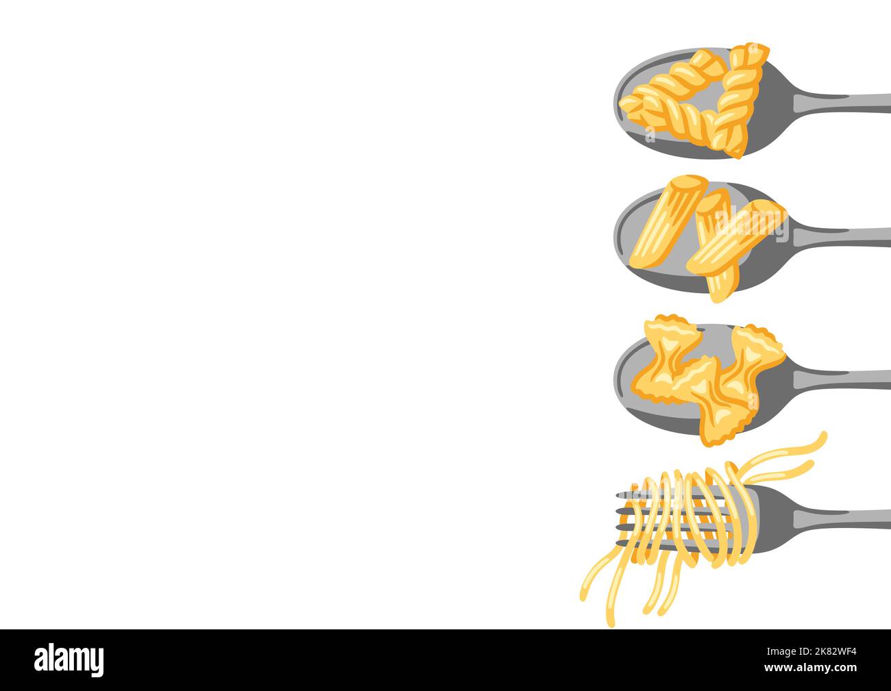 Illustrazione della pasta italiana su cucchiaio e forchetta. Immagine culinaria per menu di ristoranti. Illustrazione Vettoriale