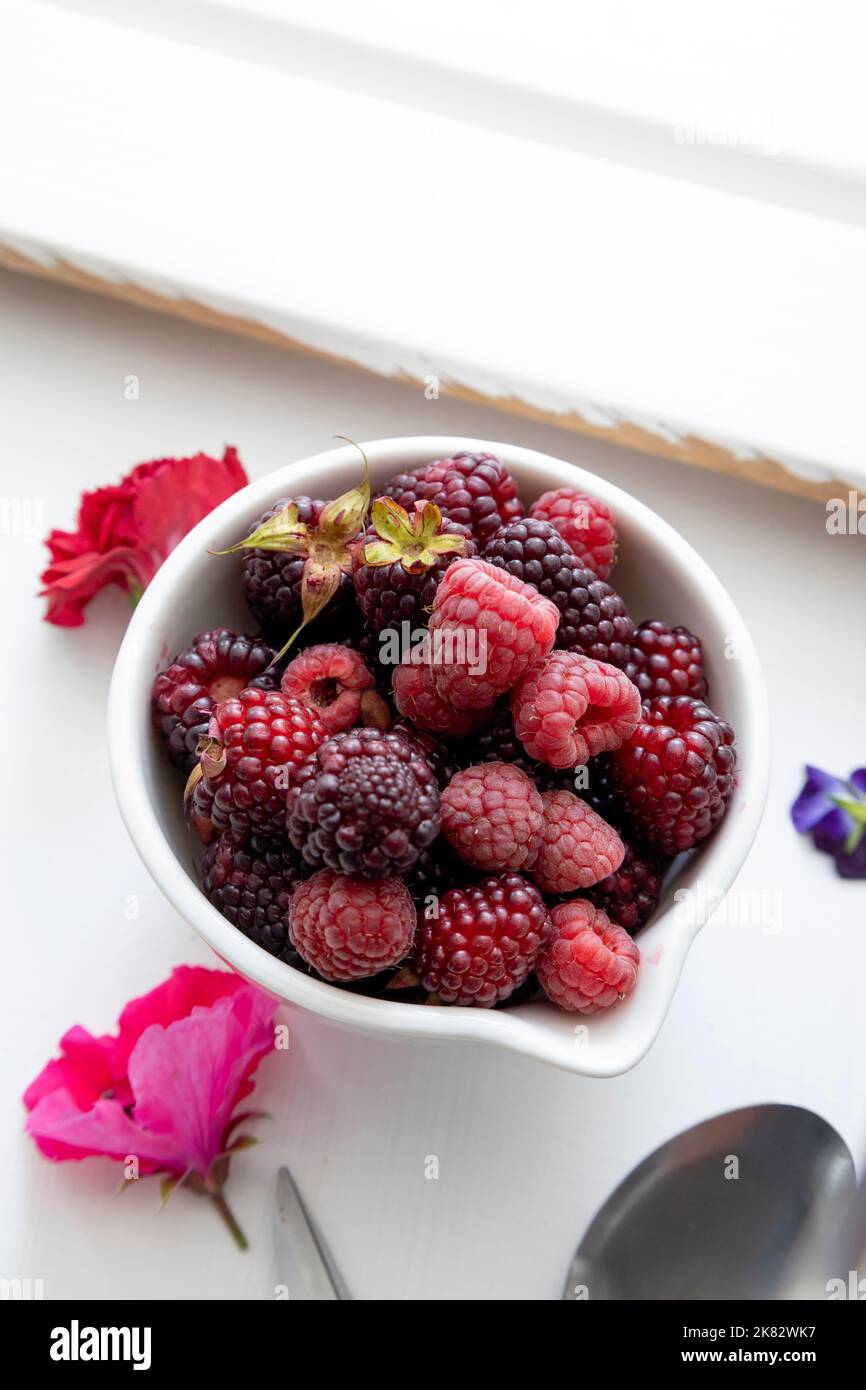 more in una ciotola, decorate con petali di fiori, squisita frutta tropicale, cibo per una dieta sana in studio Foto Stock