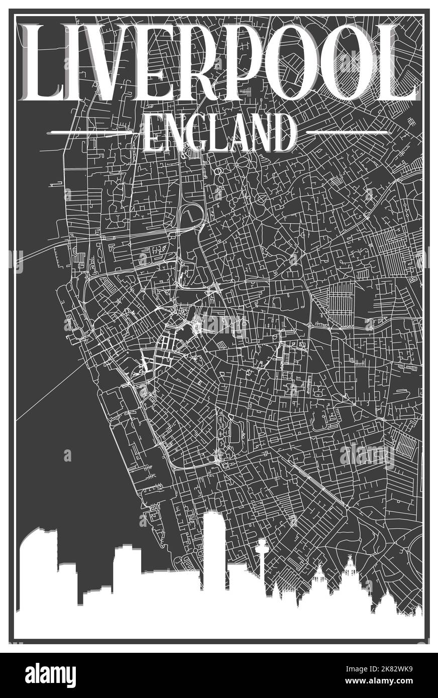 Nero vintage stampato a mano strade rete mappa del centro DI LIVERPOOL, INGHILTERRA con lo skyline marrone 3D città e lettere Illustrazione Vettoriale