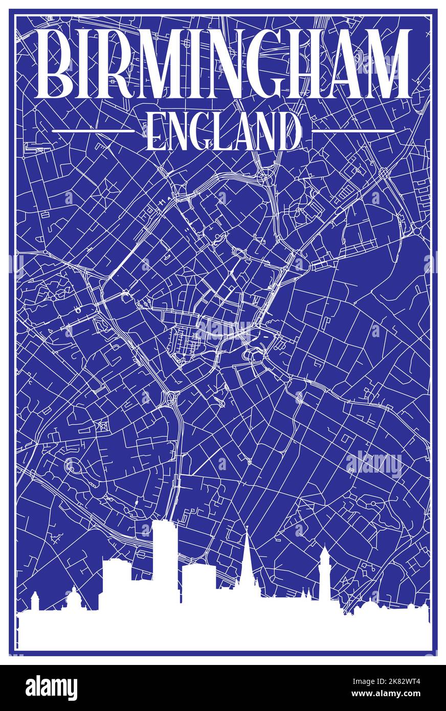 Carta blu vintage stampata a mano della rete stradale del centro DI BIRMINGHAM, INGHILTERRA, con skyline marrone della città del 3D e scritte Illustrazione Vettoriale
