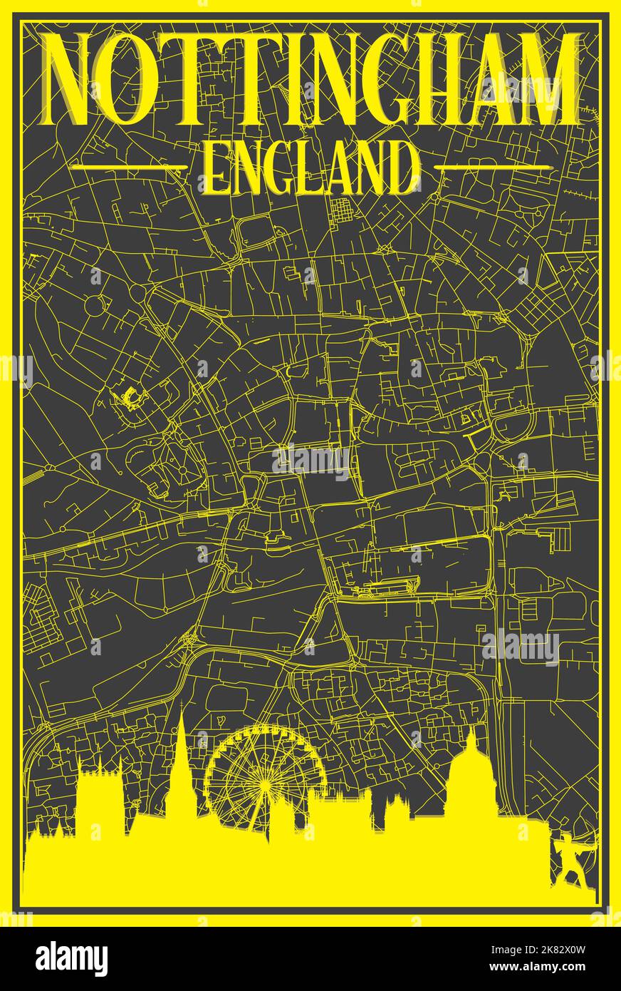 Nero e giallo vintage stampato a mano strade rete mappa del centro DI NOTTINGHAM, INGHILTERRA con lo skyline marrone 3D città e lettere Illustrazione Vettoriale