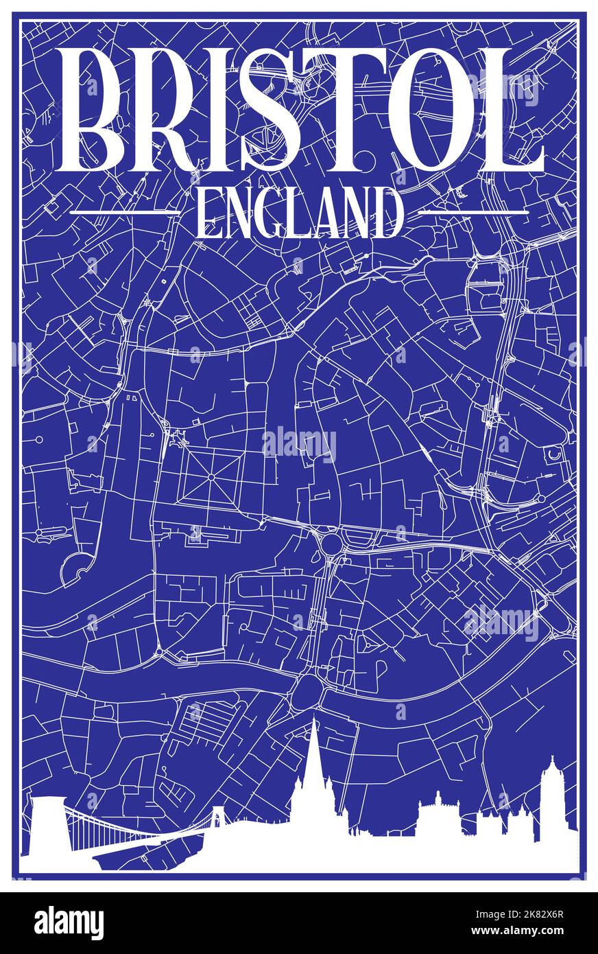 Carta blu vintage stampata a mano della rete stradale del centro DI BRISTOL, INGHILTERRA, con skyline marrone della città del 3D e scritte Illustrazione Vettoriale