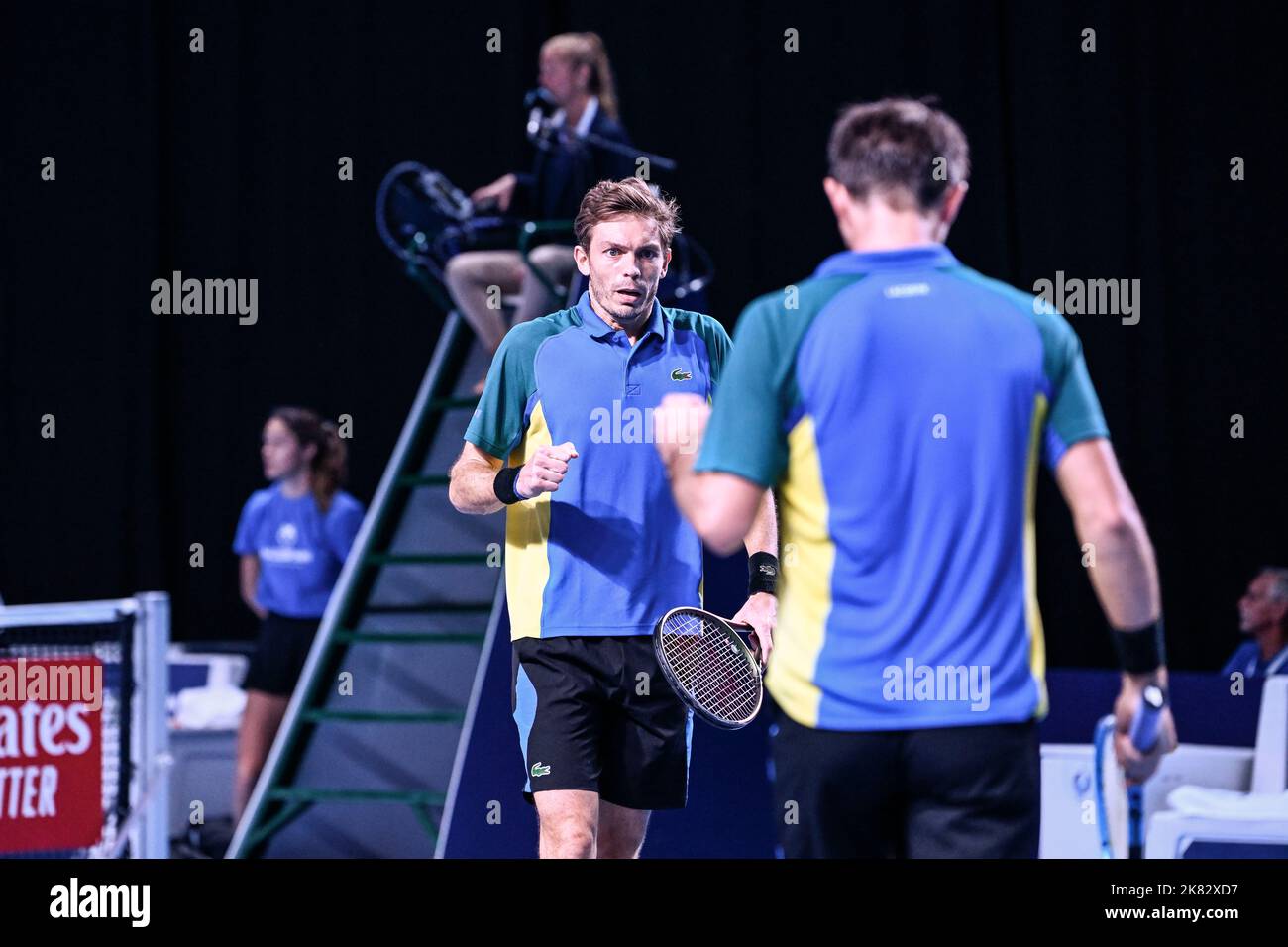 Anversa, Belgio. 20th Ott 2022. Il francese Nicolas Mahut festeggia durante la partita maschile delle finali quadriali tra la coppia francese Mahut - Roger-Vasselin e il polacco - Monaco Pair NYS - Zielinski, al torneo europeo Open Tennis ATP, ad Anversa, giovedì 20 ottobre 2022. BELGA PHOTO TOM GOYVAERTS Credit: Agenzia Notizie Belga/Alamy Live News Foto Stock