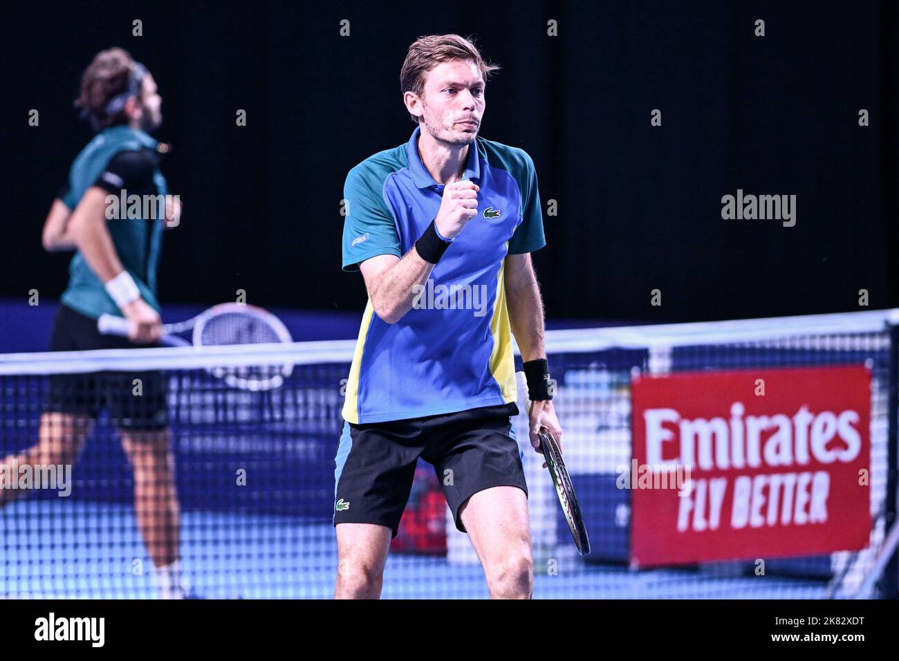 Anversa, Belgio. 20th Ott 2022. Il francese Nicolas Mahut festeggia dopo aver segnato durante la partita maschile delle finali quadrimestrali tra la coppia francese Mahut - Roger-Vasselin e il polacco - Monaco Pair NYS - Zielinski, al torneo europeo Open Tennis ATP, ad Anversa, giovedì 20 ottobre 2022. BELGA PHOTO TOM GOYVAERTS Credit: Agenzia Notizie Belga/Alamy Live News Foto Stock