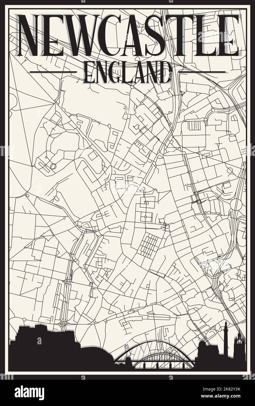 Carta bianca vintage stampata a mano della rete stradale del centro DI NEWCASTLE, INGHILTERRA con lo skyline marrone della città del 3D e scritte Illustrazione Vettoriale