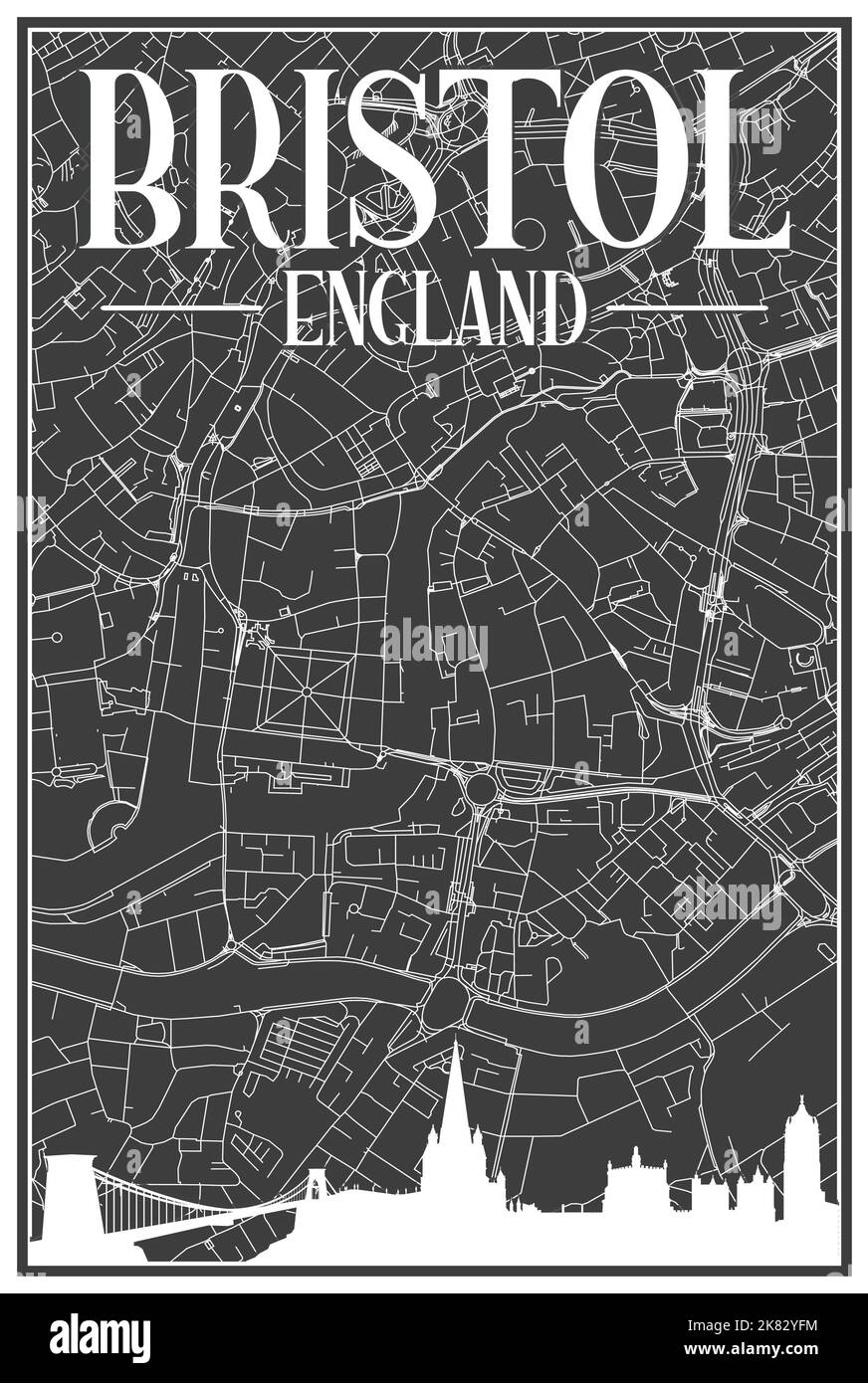 Nero vintage stampa a mano mappa di rete strade del centro DI BRISTOL, INGHILTERRA con skyline marrone 3D città e scritte Illustrazione Vettoriale