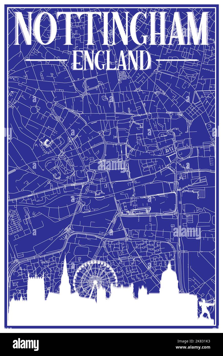 Carta blu vintage stampata a mano della rete stradale del centro DI NOTTINGHAM, INGHILTERRA, con skyline marrone della città del 3D e scritte Illustrazione Vettoriale