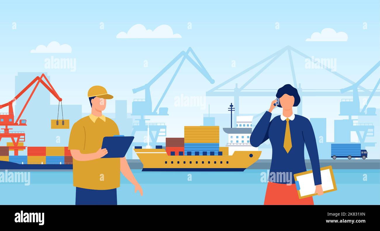 Trasporti di navi da carico e spedizione di container. I lavoratori che controllano la consegna internazionale e il commercio globale Illustrazione Vettoriale