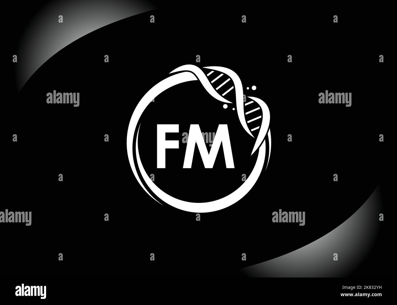 Lettera FM monogramma alfabeto in cerchio con DNA. Genetics logo design concetto. Logo vettoriale moderno per medicina, scienza, laboratorio Illustrazione Vettoriale