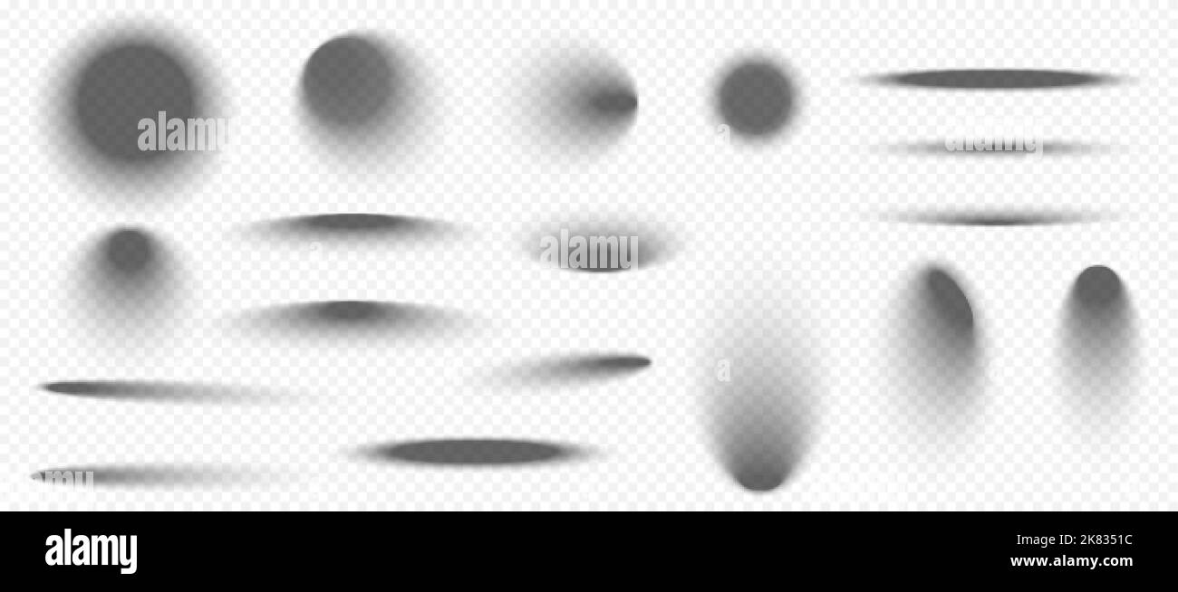 Ombre sfumate circolari e ovali isolate su sfondo trasparente. Set realistico vettoriale di gradienti di ellisse grigie, effetti di ombre arrotondate con sfumatura Illustrazione Vettoriale