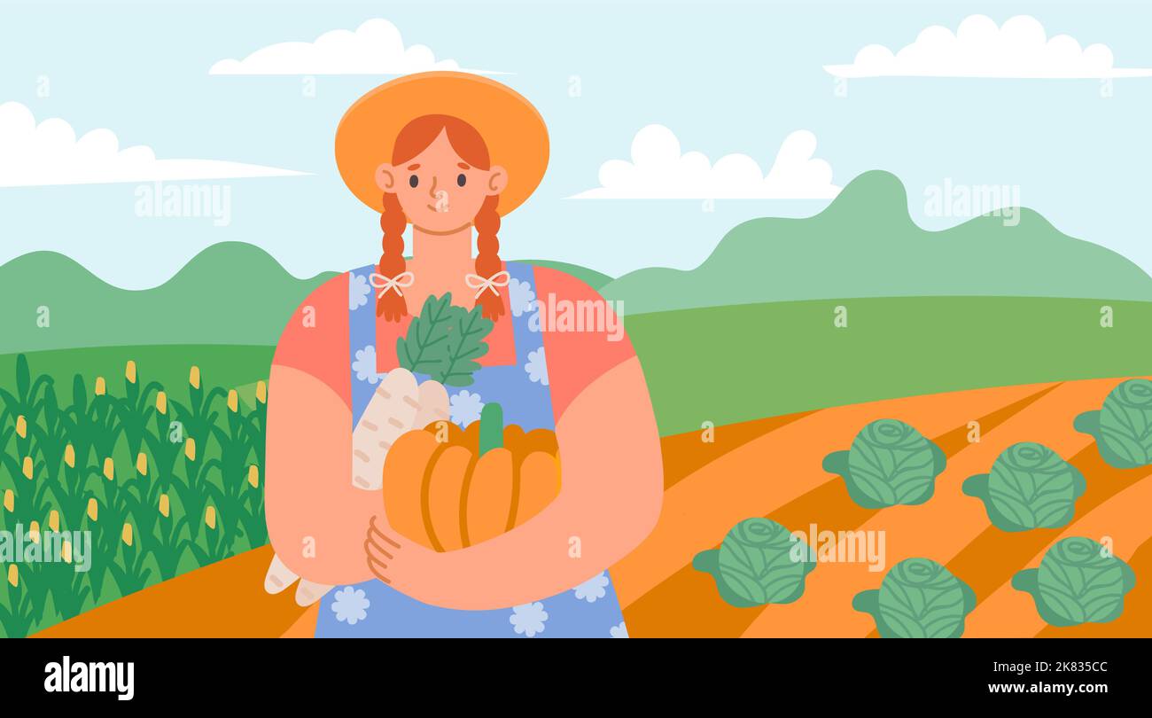 Prodotti agricoli biologici. Donna allegra cartone animato che tiene verdure fresche coltivate come zucca e pastinaca. Personaggio dei cartoni animati adolescenti Illustrazione Vettoriale