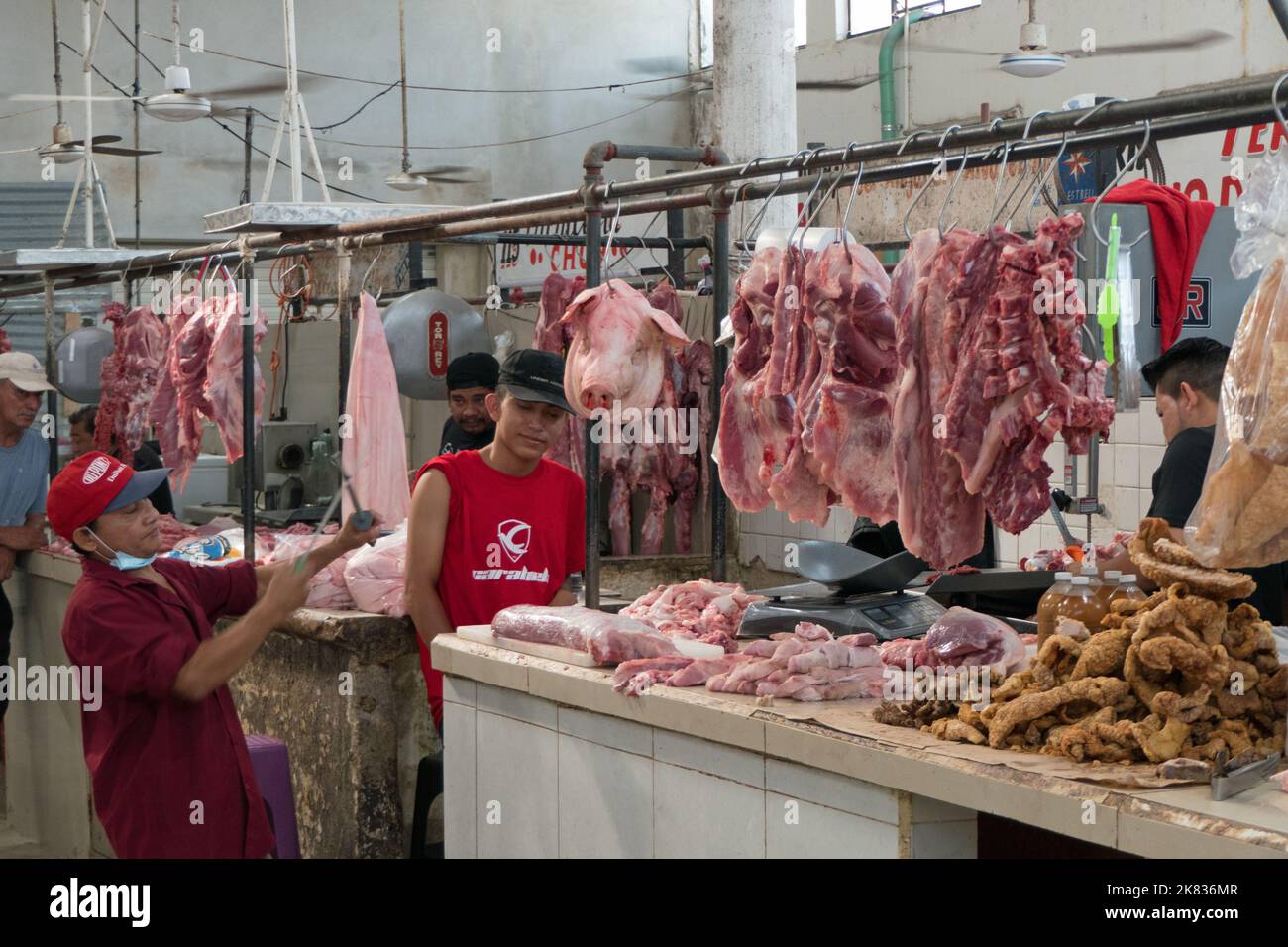 Vista interna del mercato locale a Valladolid, Yucatan, Messico, con macellerie che vendono carne di maiale, manzo, pollo. Negozi della città messicana che vendono cibo Foto Stock