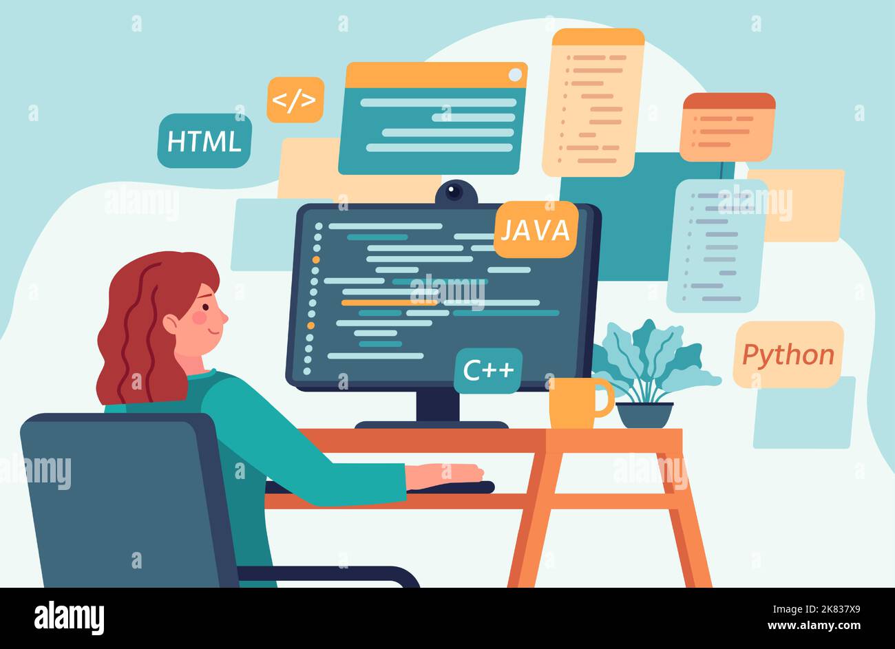 Web designer e programmatore che lavorano al computer desktop. Cartoon donna codifica in diversi linguaggi di programmazione come java e python. Carattere femminile Illustrazione Vettoriale