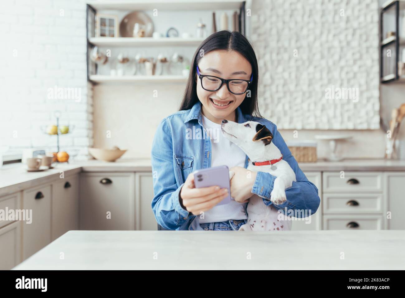 Una giovane felice bella donna asiatica in occhiali sta parlando in una videochiamata, tenendo un telefono e il suo cane in mano, sorridendo alla telecamera. Seduti a casa al tavolo da cucina. Foto Stock