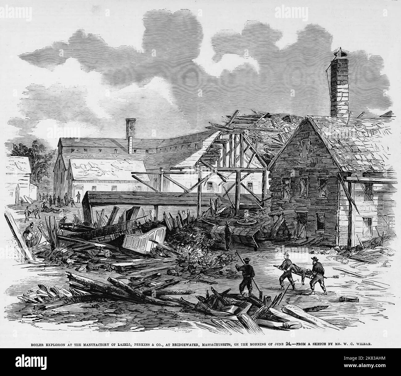 Esplosione di caldaie presso la fabbrica di ferro di Lazell, Perkins e Company, a Bridgewater, Massachusetts, la mattina del 24th giugno 1862. Illustrazione del 19th° secolo dal quotidiano illustrato di Frank Leslie Foto Stock