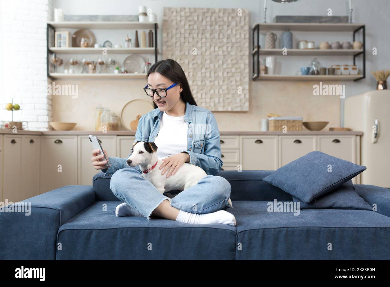 Una giovane felice bella donna asiatica in occhiali sta parlando in una videochiamata, tenendo un telefono e il suo cane in mano, sorridendo alla telecamera. Seduti a casa sul divano in posizione lotus. Foto Stock