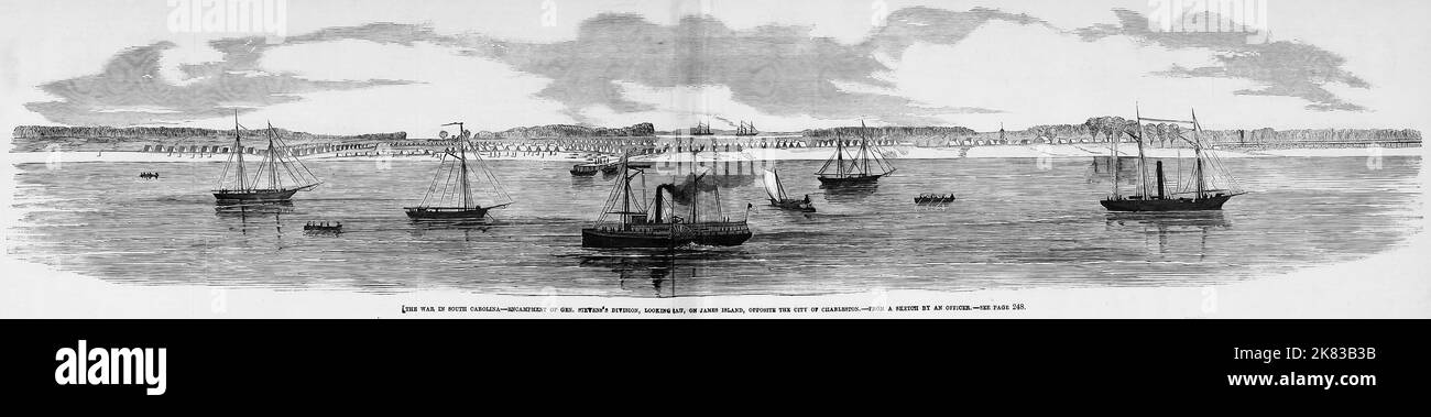 The War in South Carolina - accampamento della divisione generale Isaac Ingalls Stevens, guardando verso est, su James Island, di fronte alla città di Charleston. Giugno 1862. Battaglia di Secessionville, a.k.a. prima Battaglia di James Island. Illustrazione della guerra civile americana del 19th° secolo dal quotidiano illustrato di Frank Leslie Foto Stock