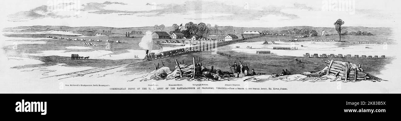 Deposito del Commissariato dell'Esercito degli Stati Uniti del Rappahannock a Manassas, Virginia. Luglio 1862. Illustrazione della guerra civile americana del 19th° secolo dal quotidiano illustrato di Frank Leslie Foto Stock