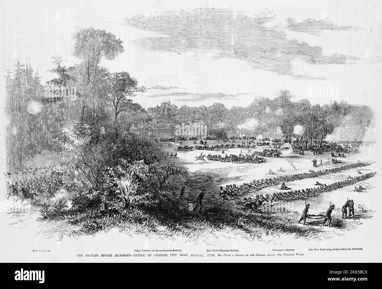 Le battaglie prima di Richmond, Virginia - Battaglia di Charles City Road, lunedì 30th giugno 1862 - Rush's Lancers, 1st Massachusetts Battery del Capitano Porter, Colonel Platt's Regular Battery, Hexamer's Battery, 16th New York sdraiato dietro le batterie. Battaglia di Glendale a.. Battaglia di Frayser's Farm. Illustrazione della guerra civile americana del 19th° secolo dal quotidiano illustrato di Frank Leslie Foto Stock