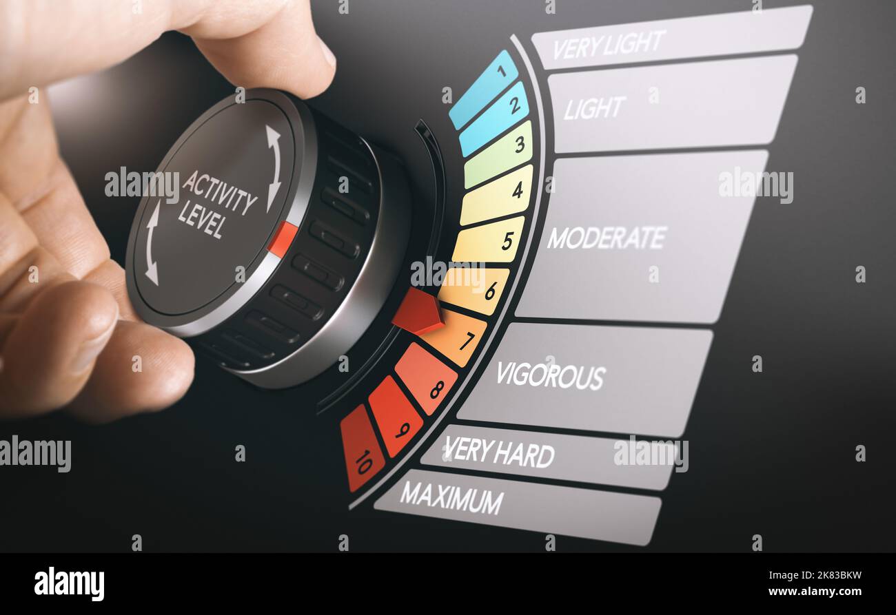Uomo che valuta il suo addestramento al livello sette. RPE, Valutazione del concetto di sforzo percepito. Immagine composita tra una fotografia a mano e uno sfondo 3D. Foto Stock